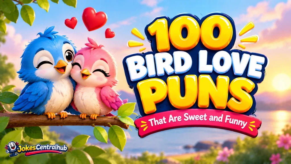 Two cute cartoon lovebirds, one blue and one pink, cuddling on a branch beside hearts and bold lettering for bird love puns.