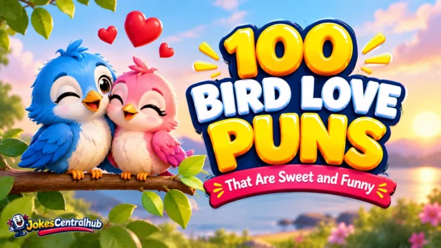 Two cute cartoon lovebirds, one blue and one pink, cuddling on a branch beside hearts and bold lettering for bird love puns.