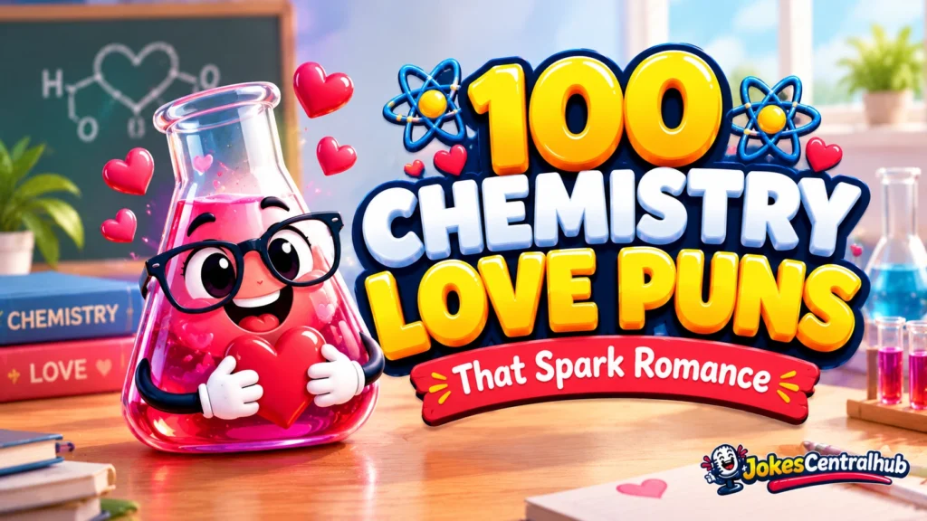 Chemistry love puns featured image with a cute heart-shaped chemistry flask and colorful 3D lettering.