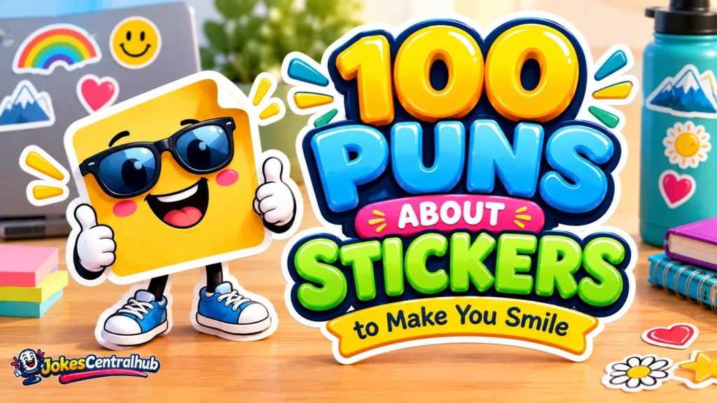 Puns about stickers featured image with a smiling yellow sticker mascot and colorful 3D lettering.