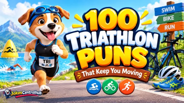 Triathlon puns featured image with a cartoon athlete, bicycle, swimming icons, and bold colorful lettering.
