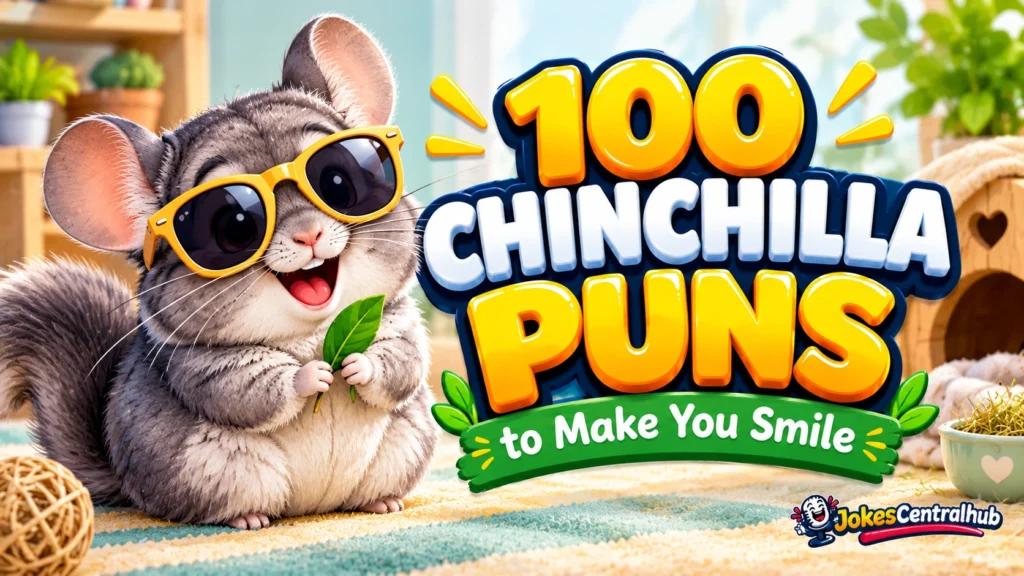 Chinchilla puns featured image with a fluffy chinchilla wearing yellow sunglasses beside bold 3D lettering.