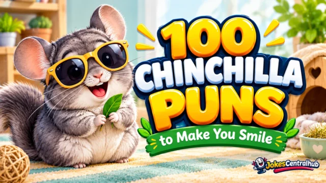 Chinchilla puns featured image with a fluffy chinchilla wearing yellow sunglasses beside bold 3D lettering.