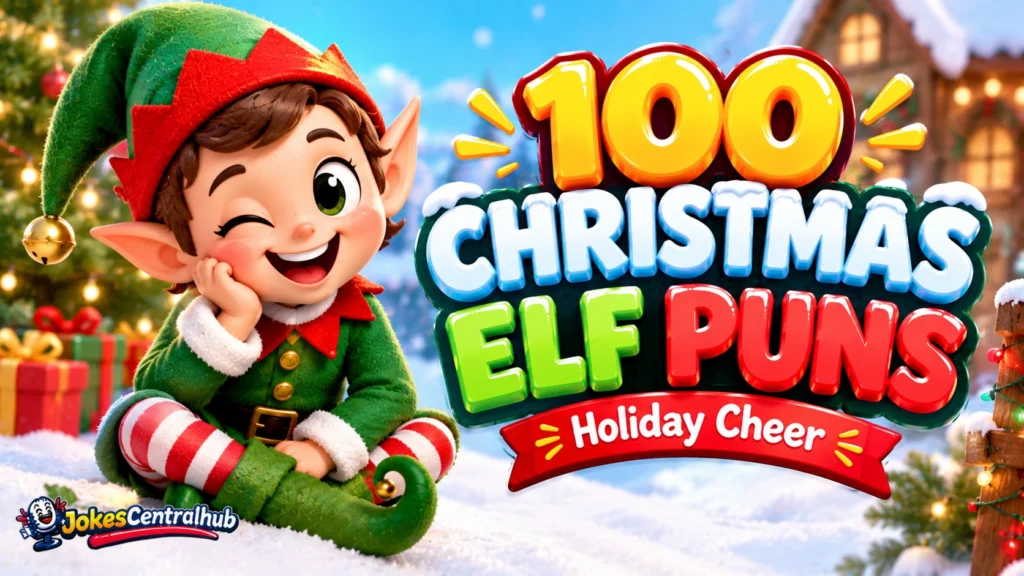 Christmas elf puns featured image with a cheerful cartoon elf and colorful 3D Christmas lettering.
