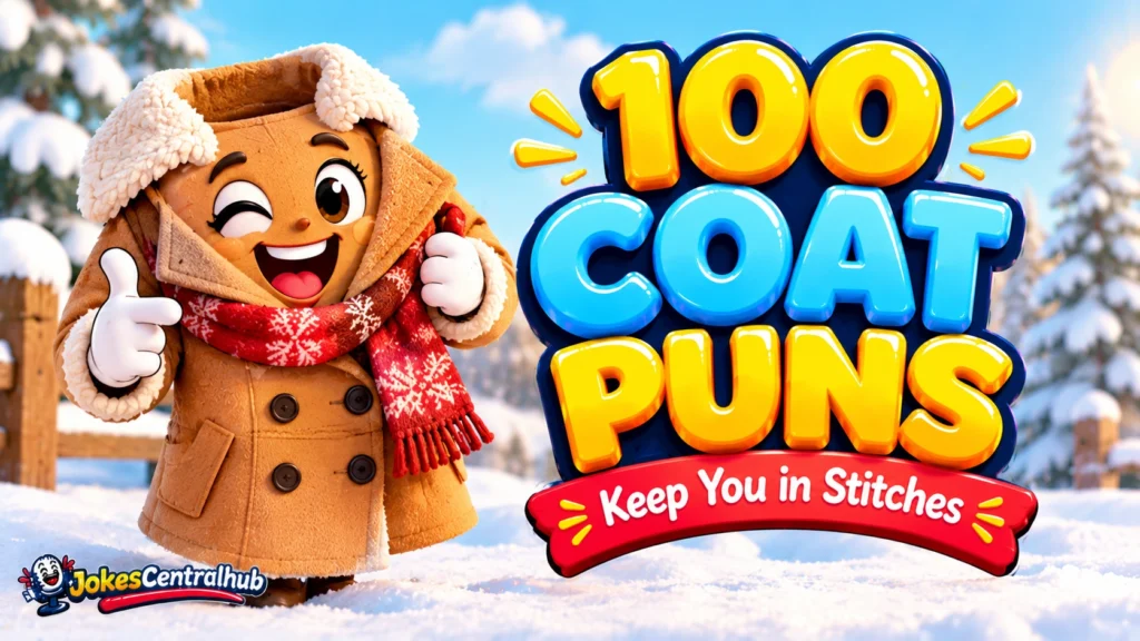 Coat puns featured image with a smiling cartoon winter coat, red scarf, snowy background, and colorful 3D lettering.