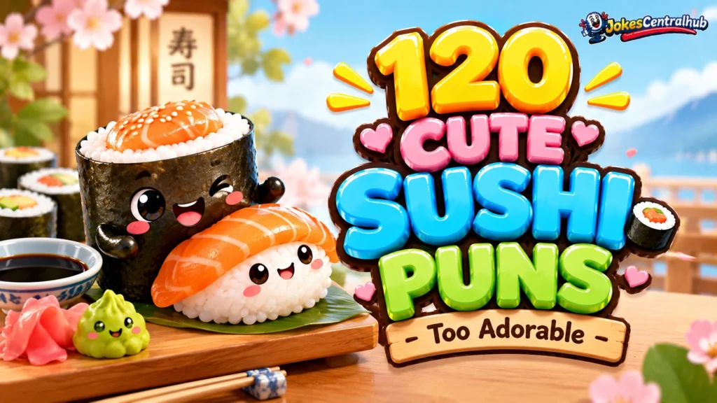 Cute sushi puns featured image with adorable 3D sushi characters and colorful headline lettering.