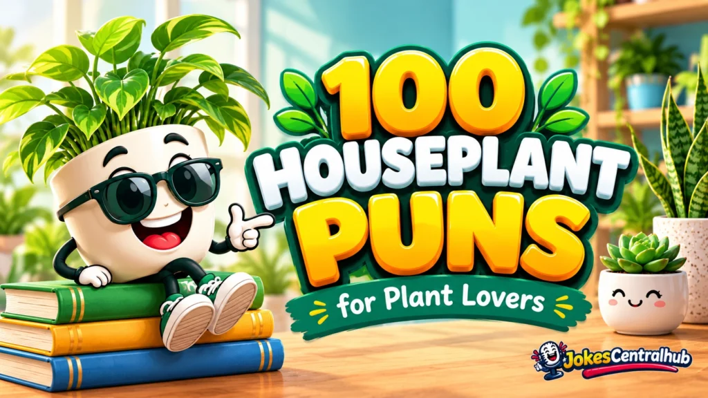 Houseplant puns featured image with a smiling plant pot mascot and bold 3D lettering for plant lovers.