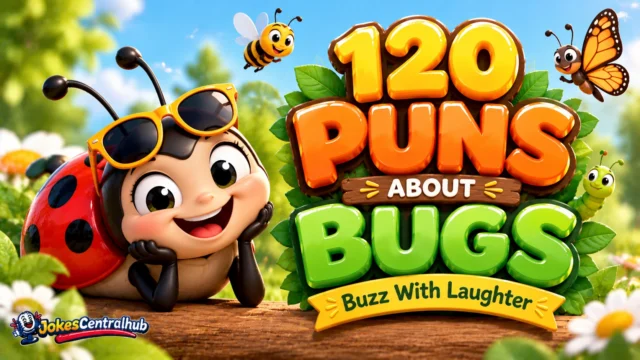 Puns about bugs featured image with a smiling cartoon ladybug, colorful 3D lettering, and a sunny garden.