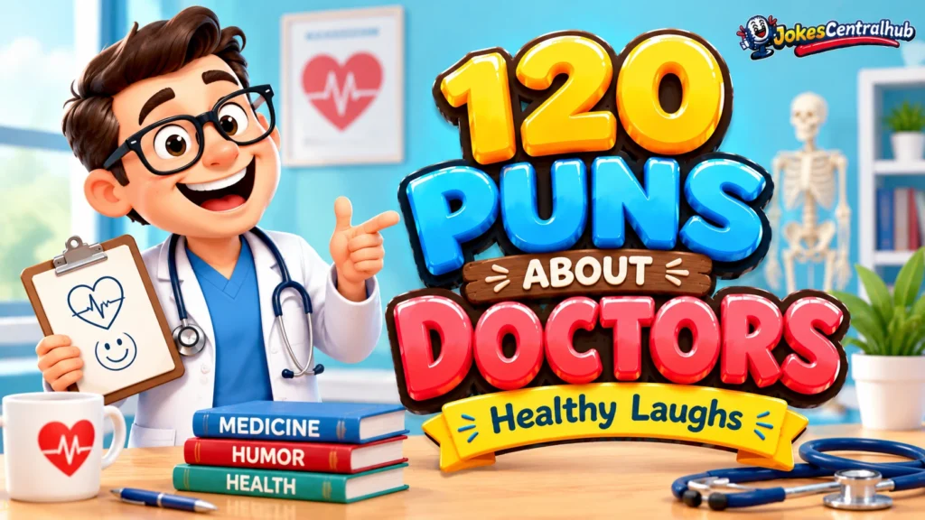 Puns about doctors featured image with colorful 3D lettering and a smiling cartoon doctor holding a clipboard.
