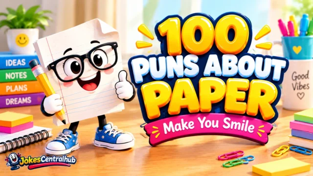 Puns about paper featured image with a cheerful cartoon paper mascot and colorful glossy 3D lettering.