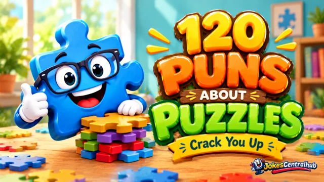 Puns about puzzles featured image with colorful 3D lettering and a cheerful cartoon jigsaw puzzle mascot.