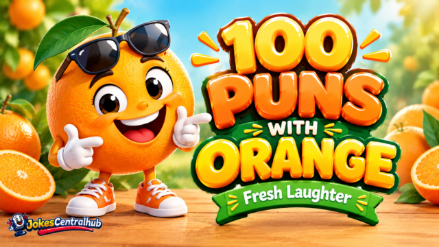 Puns with orange featured image showing a smiling cartoon orange with sunglasses and bold 3D lettering.