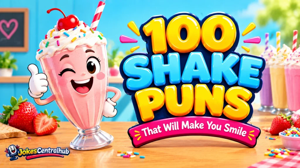 Shake puns featured image with a smiling pink milkshake mascot and bold, colorful 3D lettering.