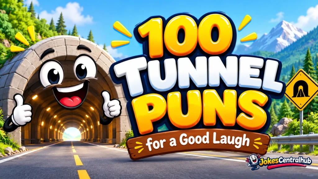 Funny tunnel puns featured image with a colorful cartoon tunnel and bold 3D typography.